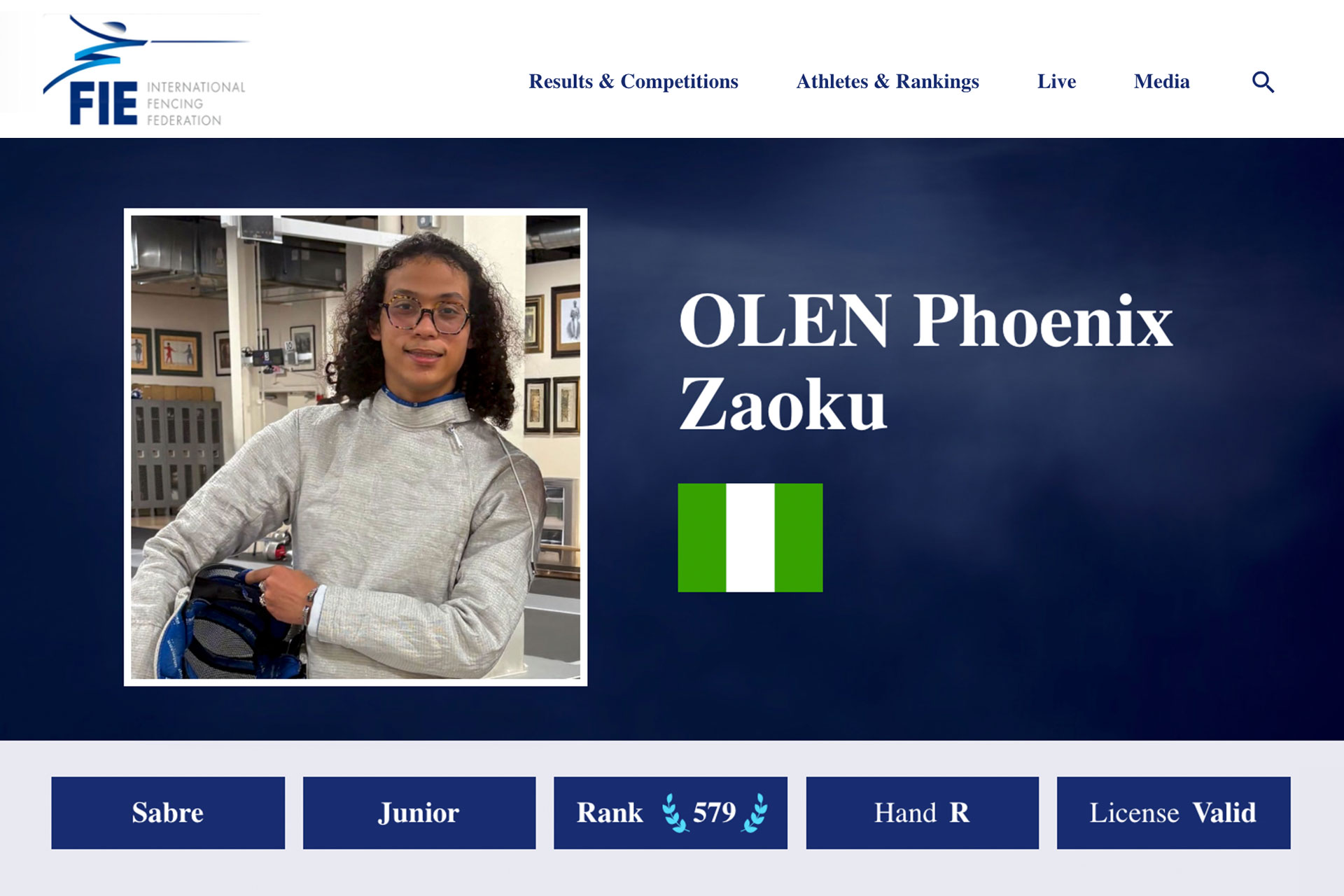 Phoenix Zaoku Olen Fencing Profile on FIE