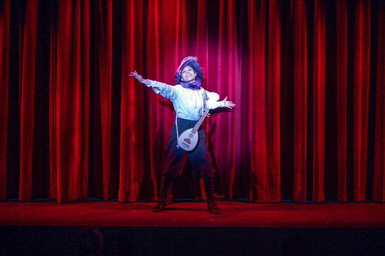 Zieozi Olen on stage during "Something Rotten"